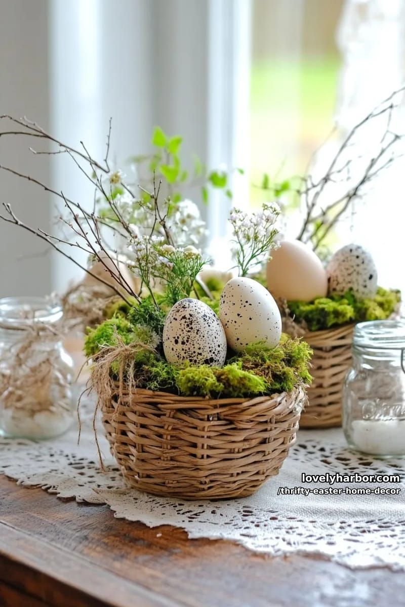 wicker baskets filled with moss, thrifted eggs, and foraged twigs centerpiece 1