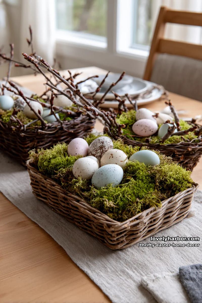 wicker baskets filled with moss, thrifted eggs, and foraged twigs centerpiece 1