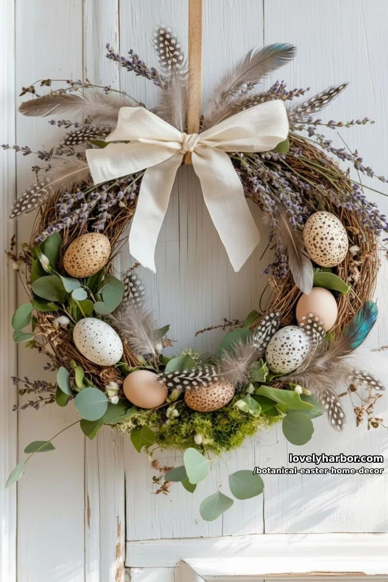 wicker easter wreaths adorned with dried lavender, feathers, and greenery 1