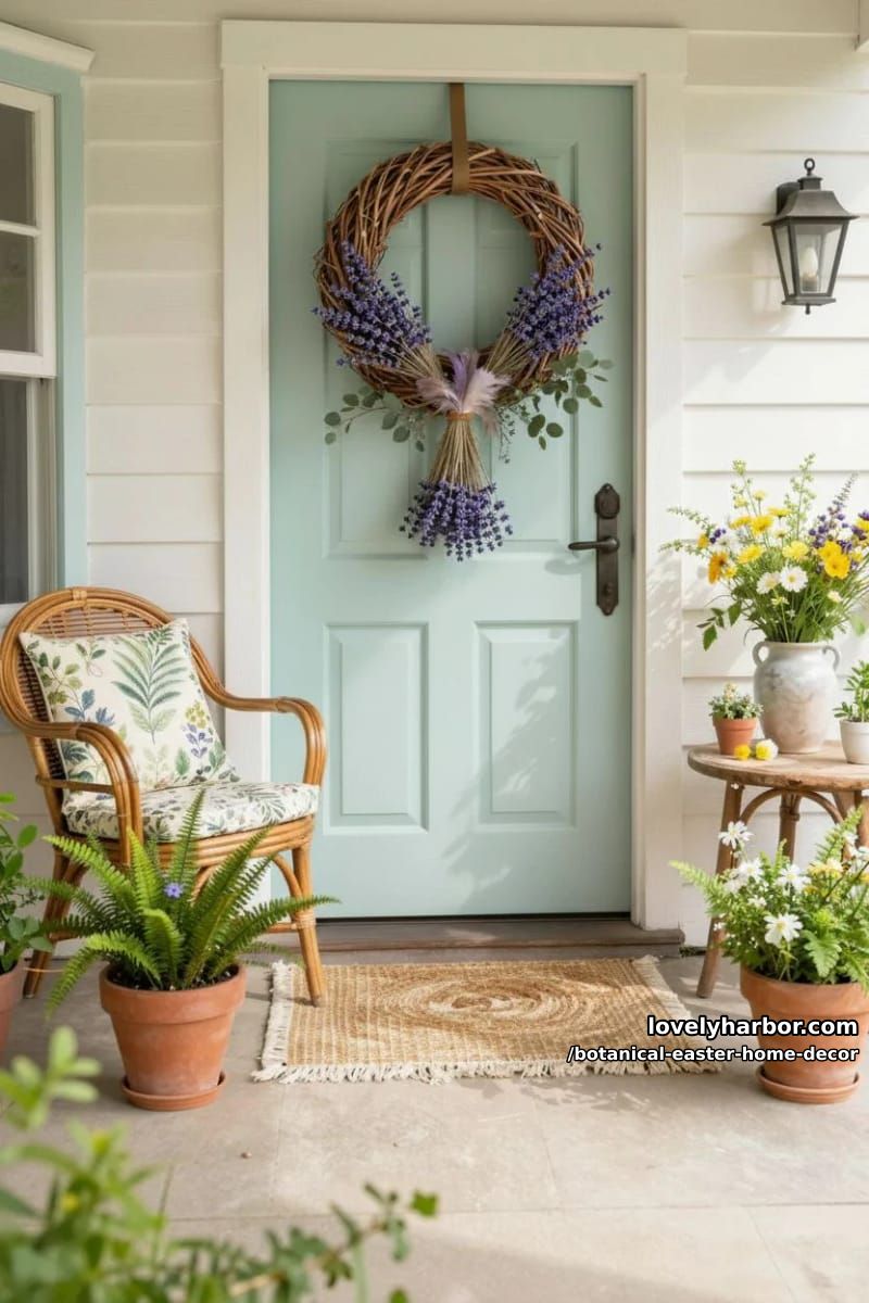wicker easter wreaths adorned with dried lavender, feathers, and greenery 1