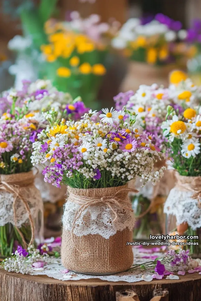 19 Rustic DIY Wedding Decor Ideas with Dreamy Vibes 4 wildflower bouquets in wrapped burlap and lace jars for centerpieces 1