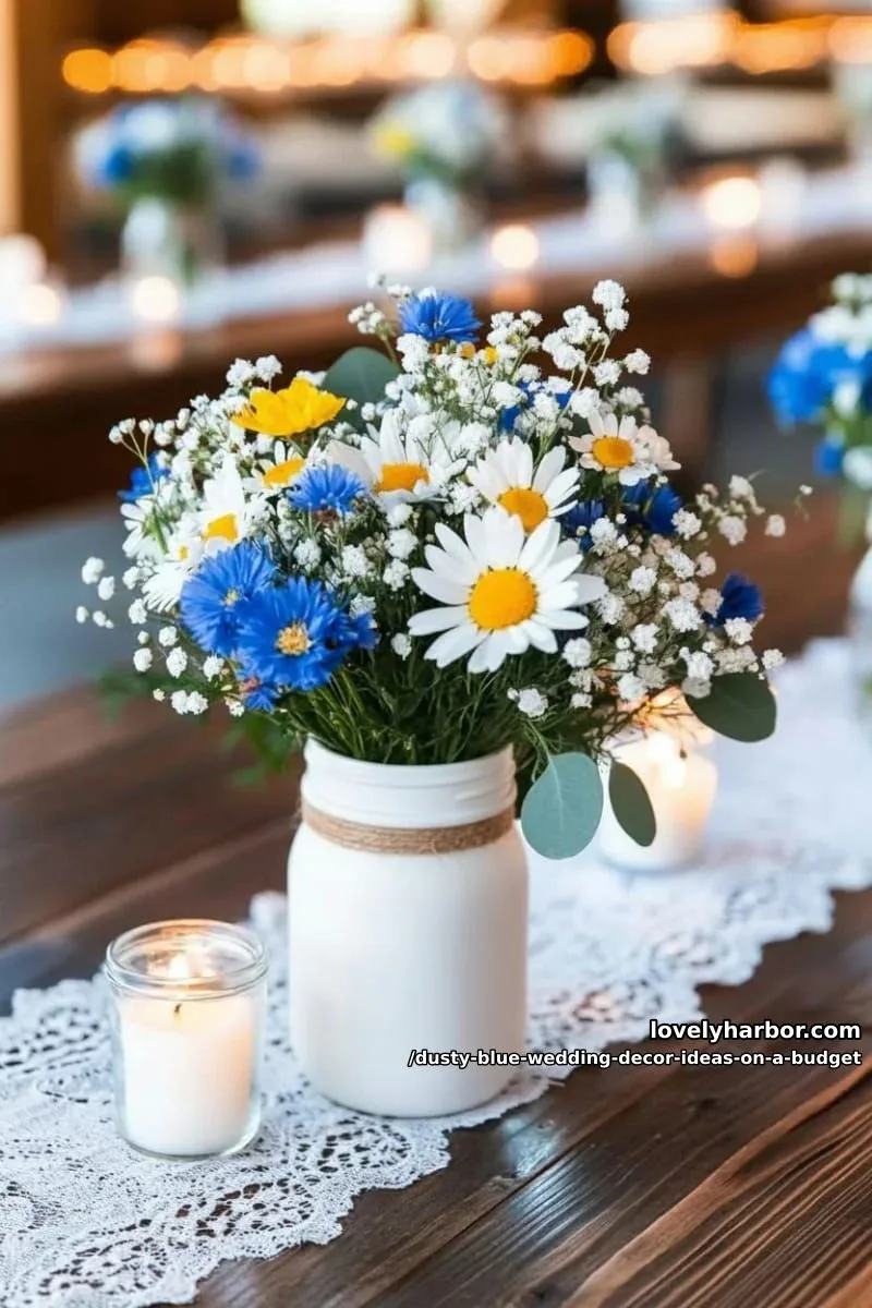 wildflower bouquets with blue accents in simple glass jars 1