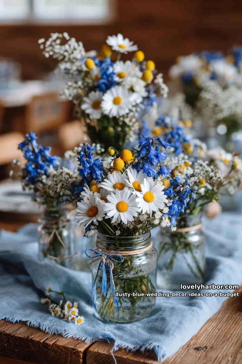 wildflower bouquets with blue accents in simple glass jars 1