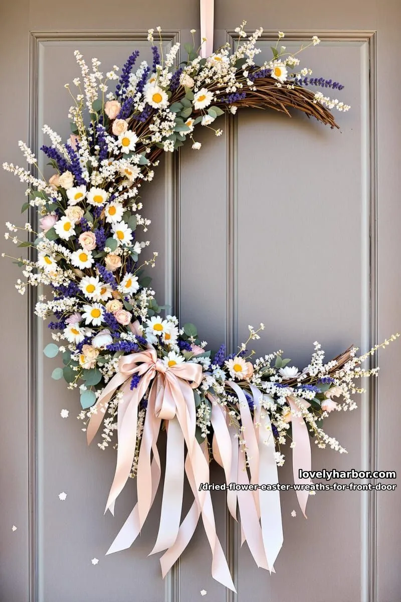 wildflower crescent wreath with dangling silk ribbons in blush and peach 1
