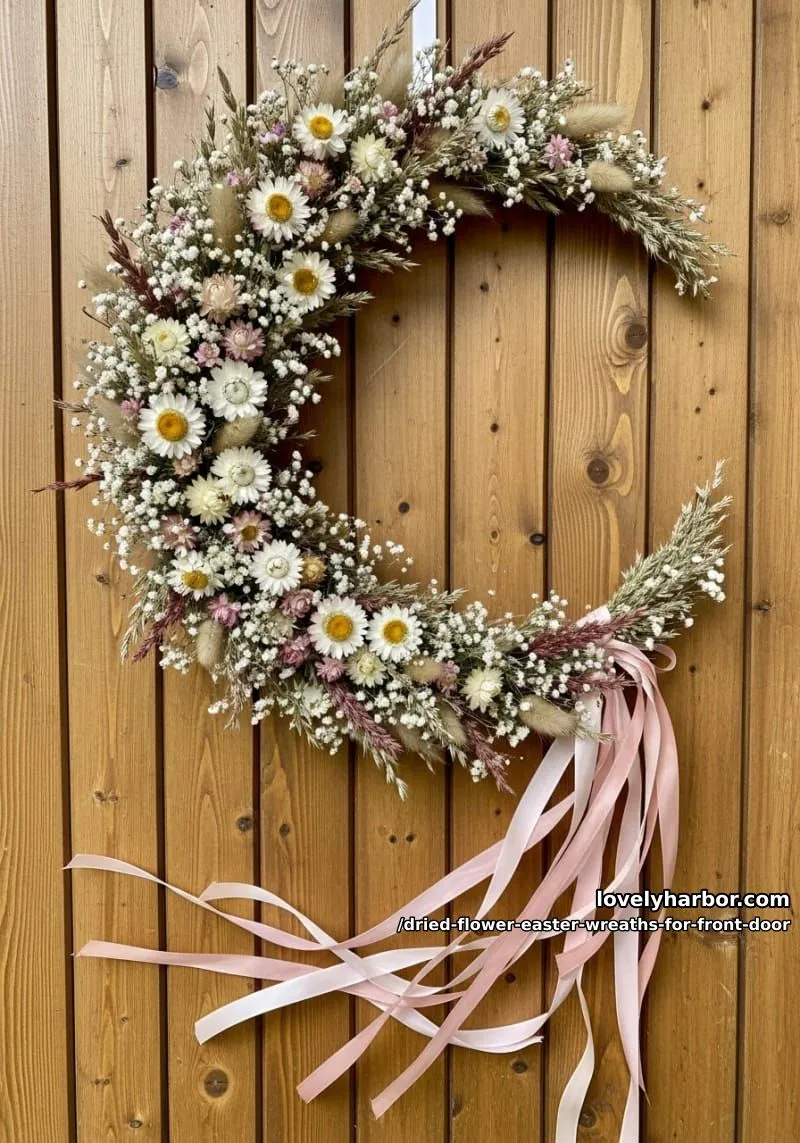 wildflower crescent wreath with dangling silk ribbons in blush and peach 1