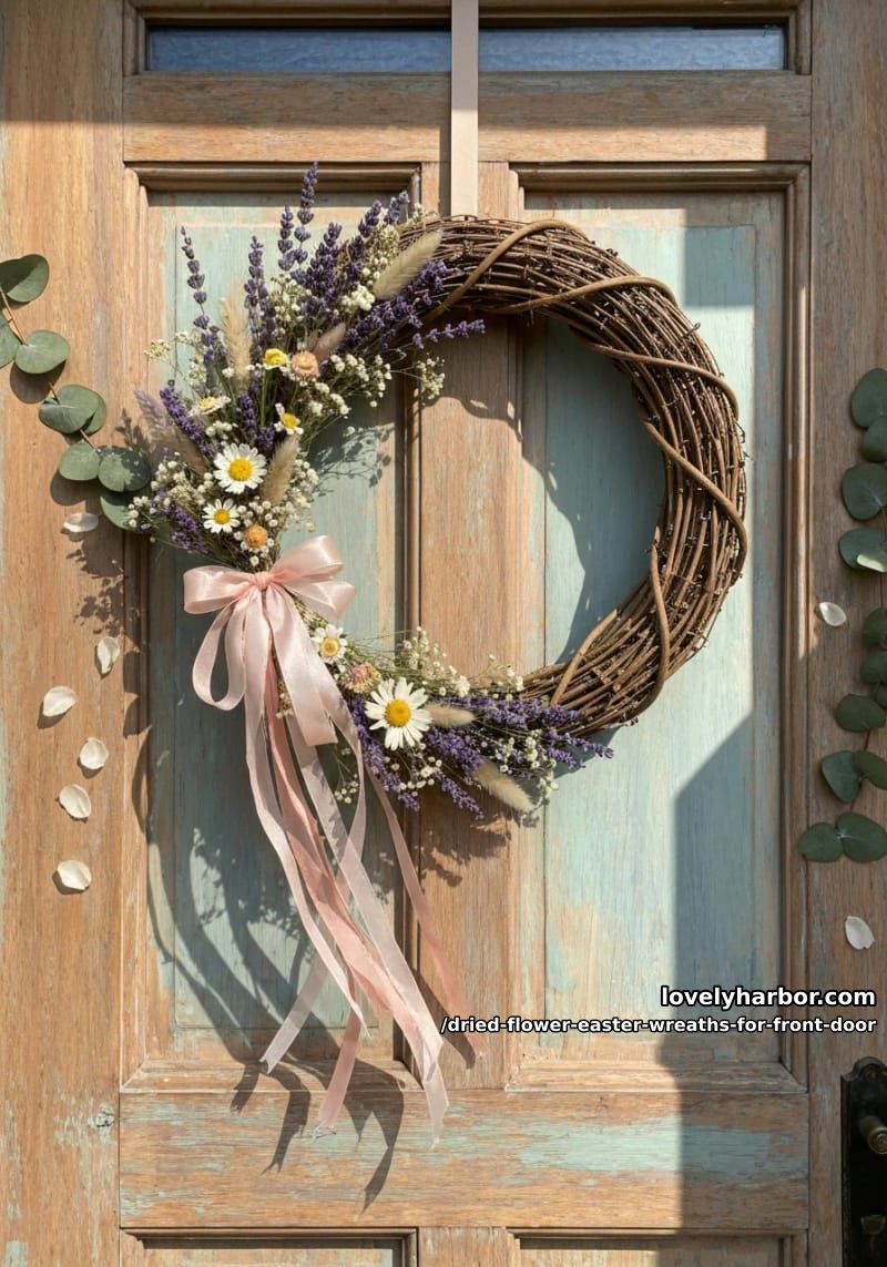 wildflower crescent wreath with dangling silk ribbons in blush and peach 1