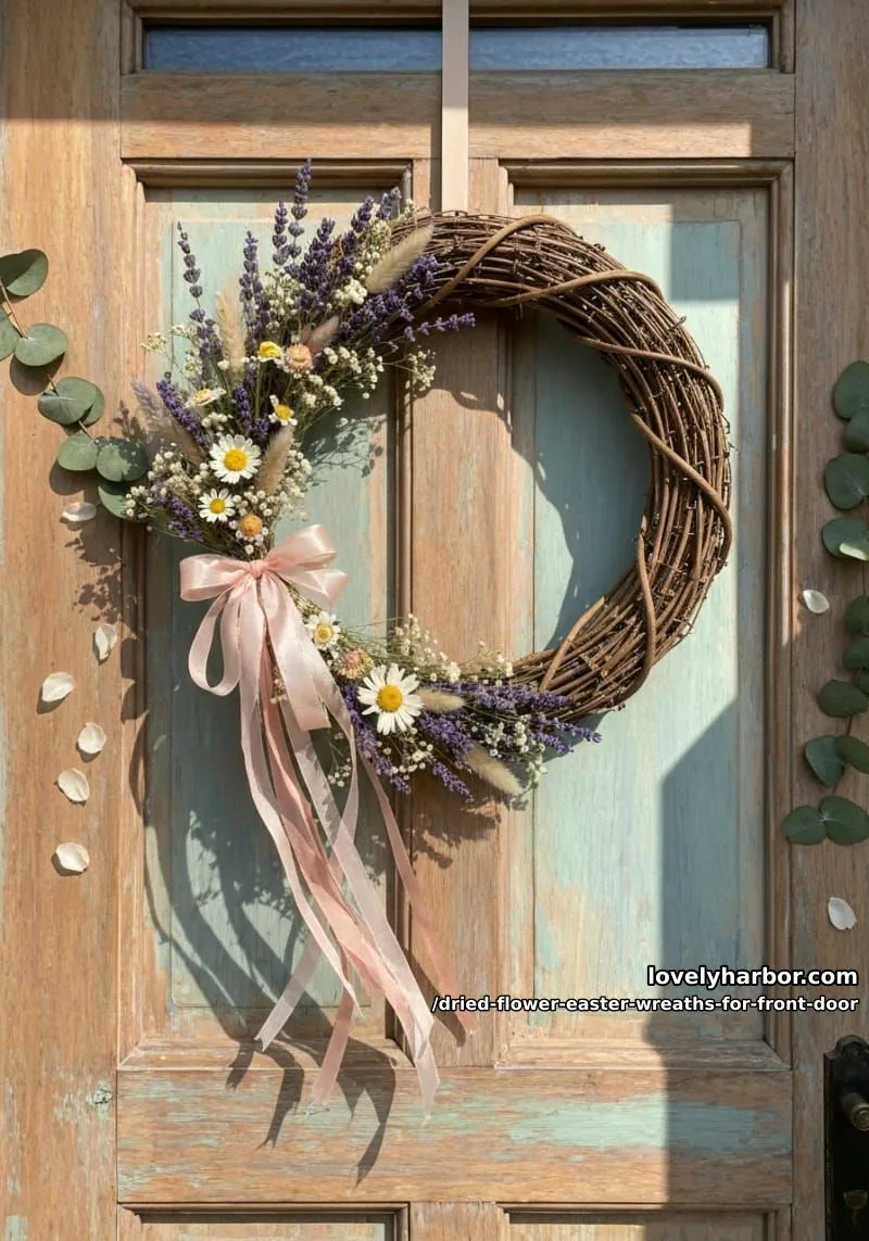 wildflower crescent wreath with dangling silk ribbons in blush and peach 1
