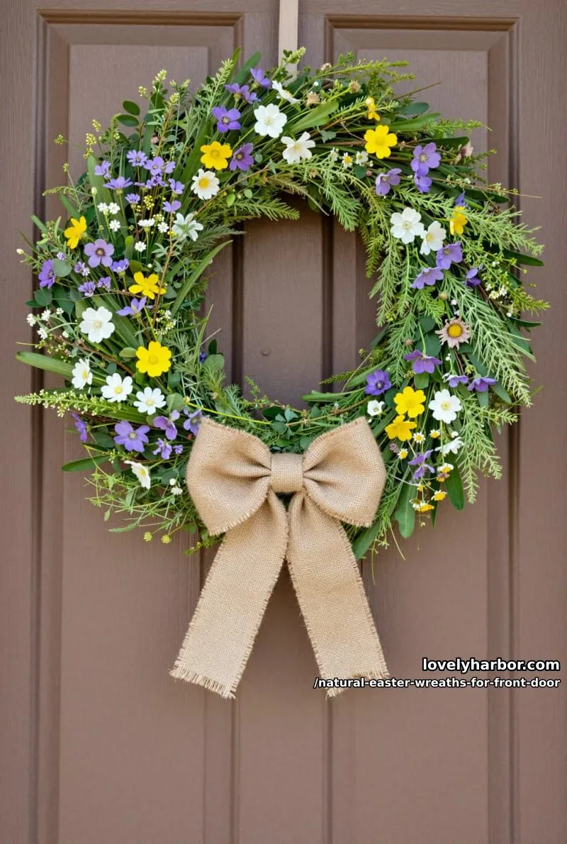 wildflower ring with foraged greenery and a burlap bow centerpiece 1