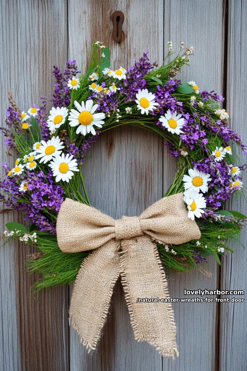 wildflower ring with foraged greenery and a burlap bow centerpiece 1