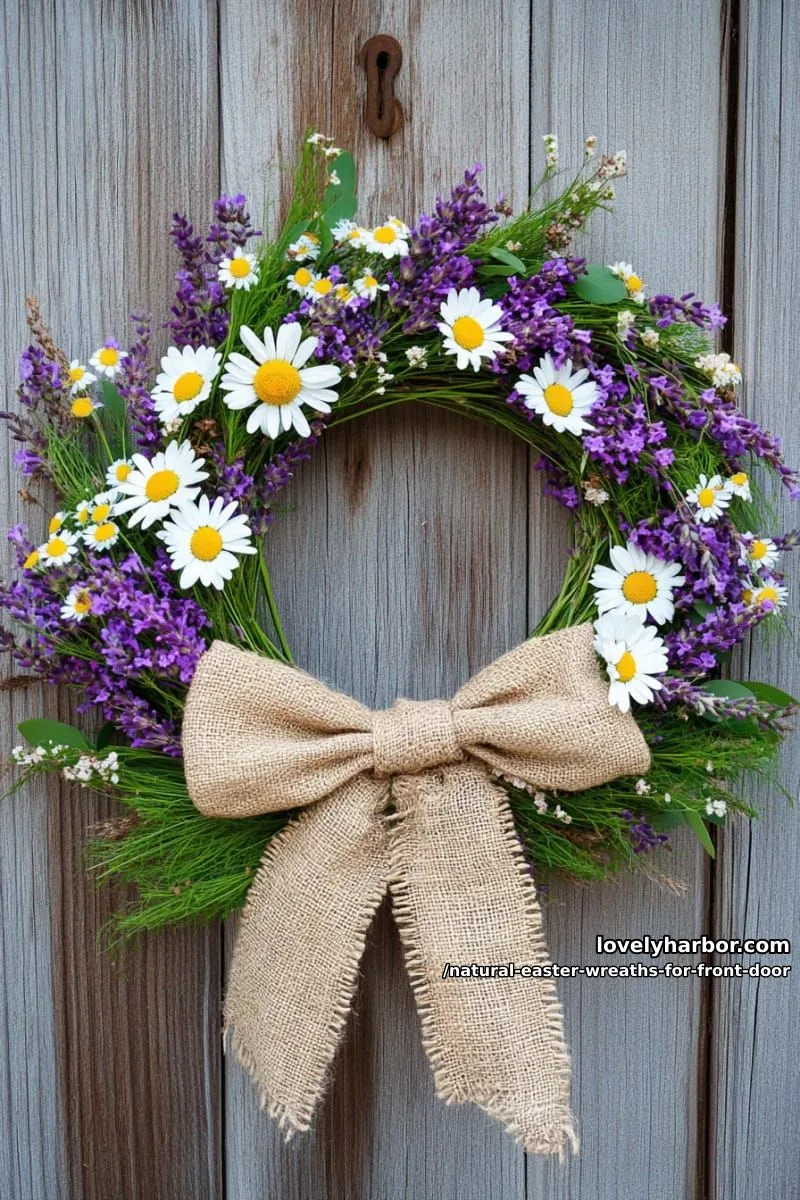 wildflower ring with foraged greenery and a burlap bow centerpiece 1