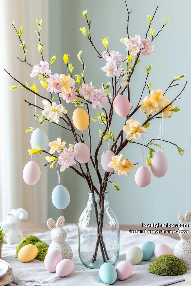 willow branch egg tree with subtle pastel blossoms and hanging mini eggs 1