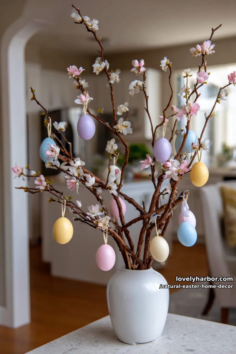 willow branch egg tree with subtle pastel blossoms and hanging mini eggs 1