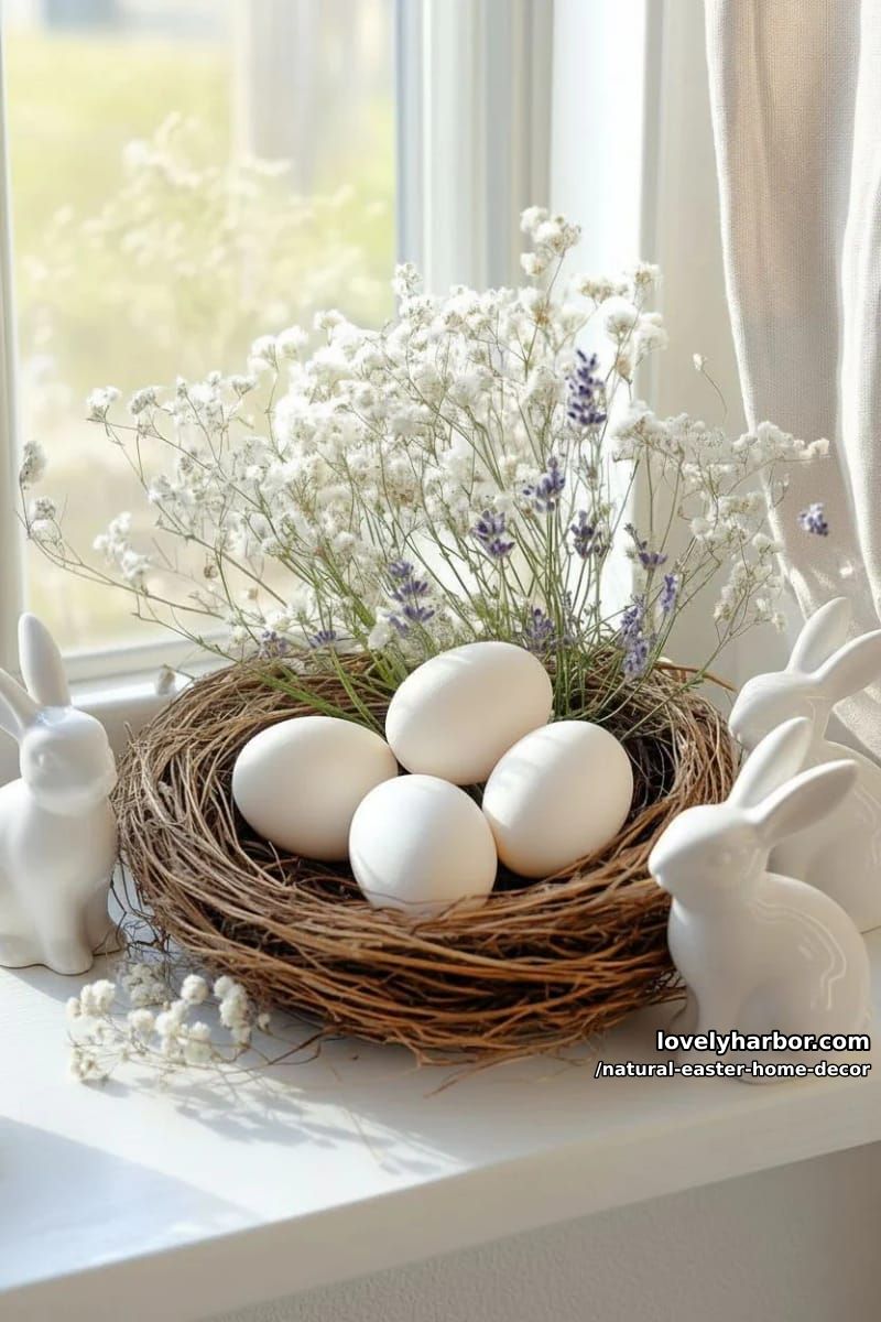 window sill nest arrangement with white eggs and delicate dried flowers 1
