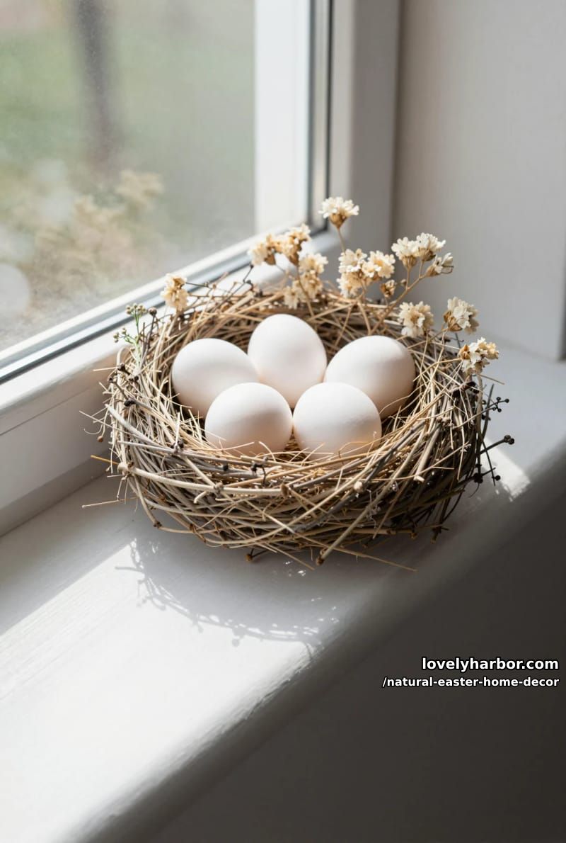 window sill nest arrangement with white eggs and delicate dried flowers 1