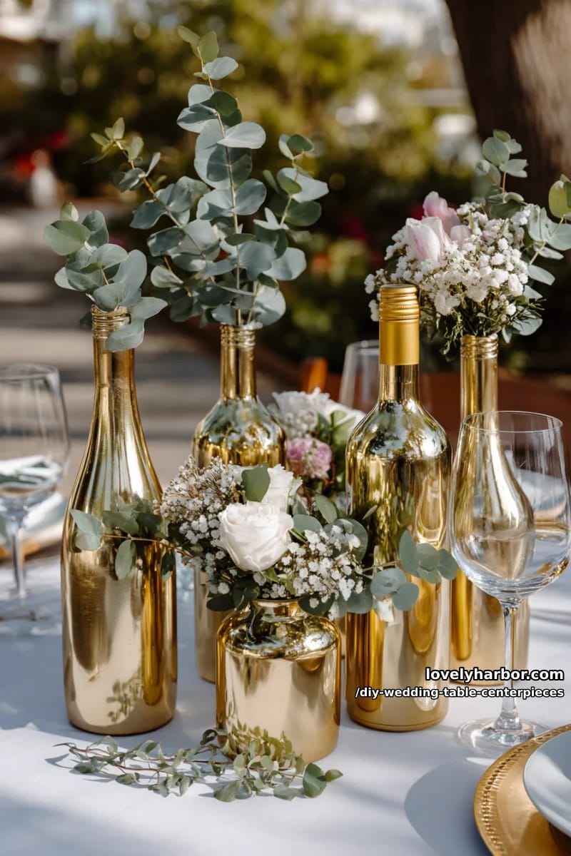 wine bottles painted gold, adorned with eucalyptus and delicate blossoms 1