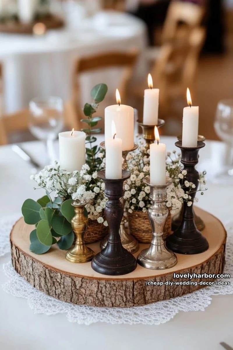 wood slice centerpieces with vintage candle holders from thrift shops 1