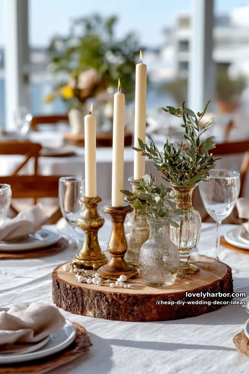 wood slice centerpieces with vintage candle holders from thrift shops 1