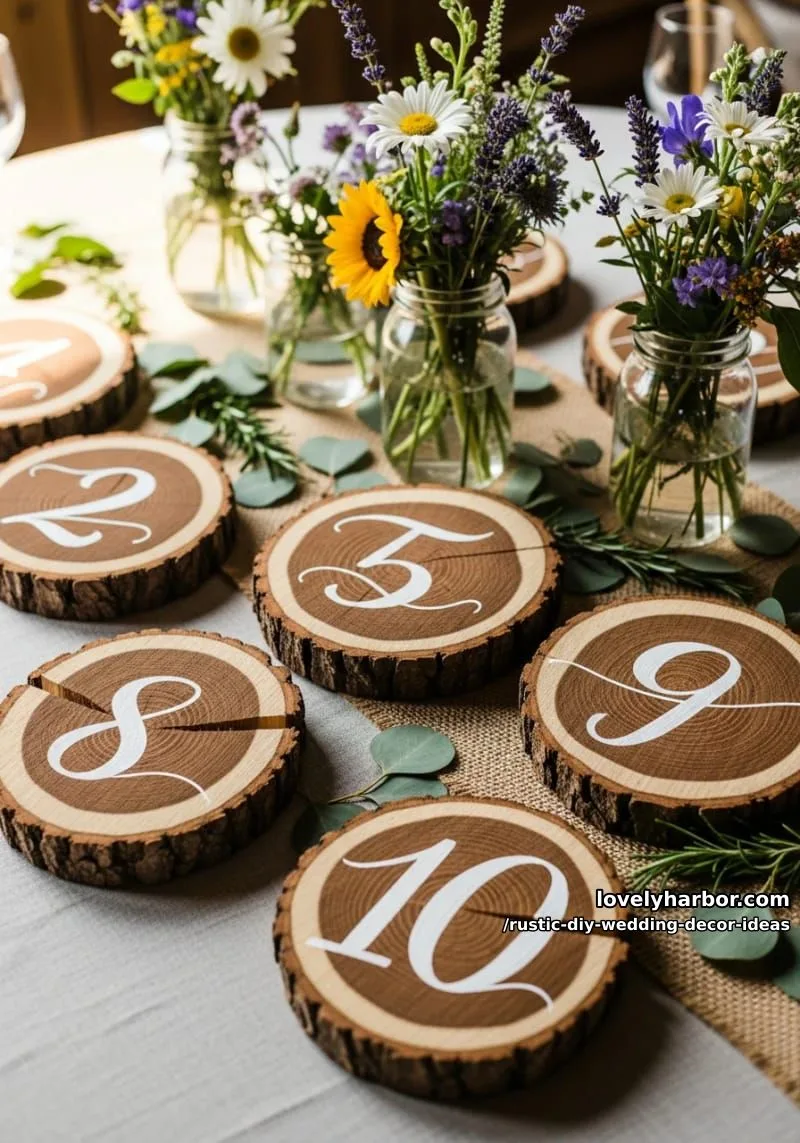 19 Rustic DIY Wedding Decor Ideas with Dreamy Vibes 5 wood slice table numbers with hand-painted calligraphy 1