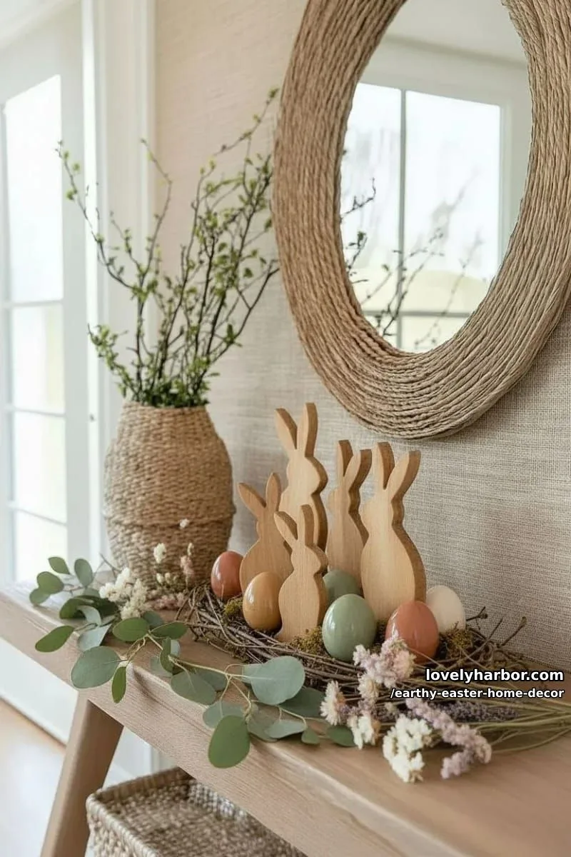 15 Earthy Easter Home Decor For A Nature-Friendly Seasonal Touch 13 wooden bunny silhouettes paired with ceramic egg displays 1