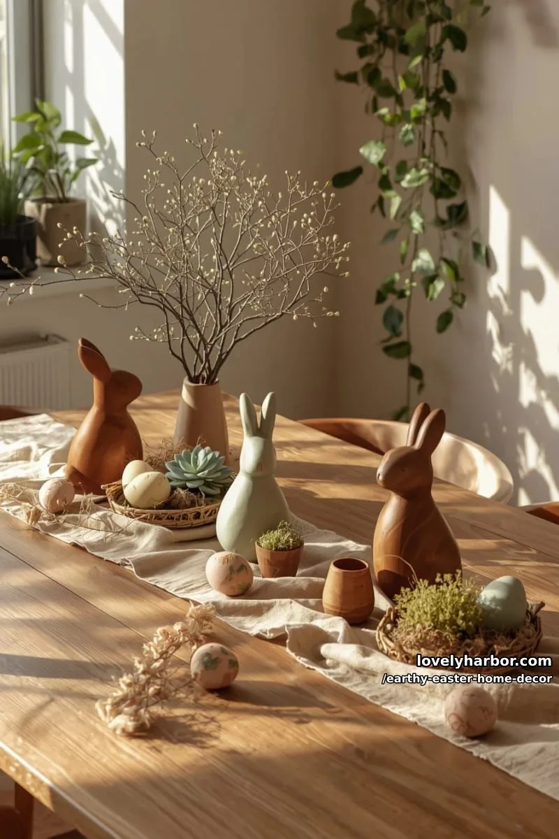 15 Earthy Easter Home Decor For A Nature-Friendly Seasonal Touch 14 wooden bunny silhouettes paired with ceramic egg displays 1