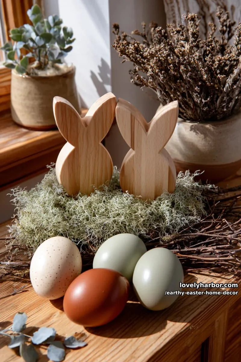 15 Earthy Easter Home Decor For A Nature-Friendly Seasonal Touch 15 wooden bunny silhouettes paired with ceramic egg displays 1