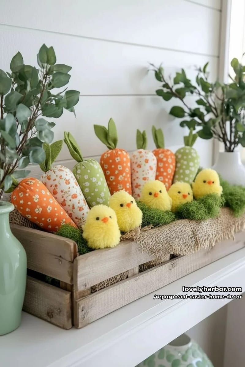 wooden crate shelf filled with homemade fabric carrots and chicks 1