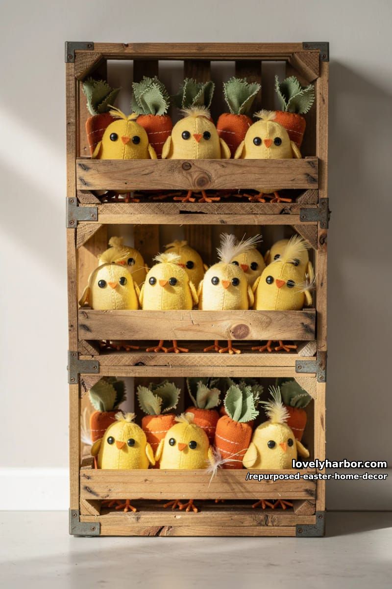 wooden crate shelf filled with homemade fabric carrots and chicks 1
