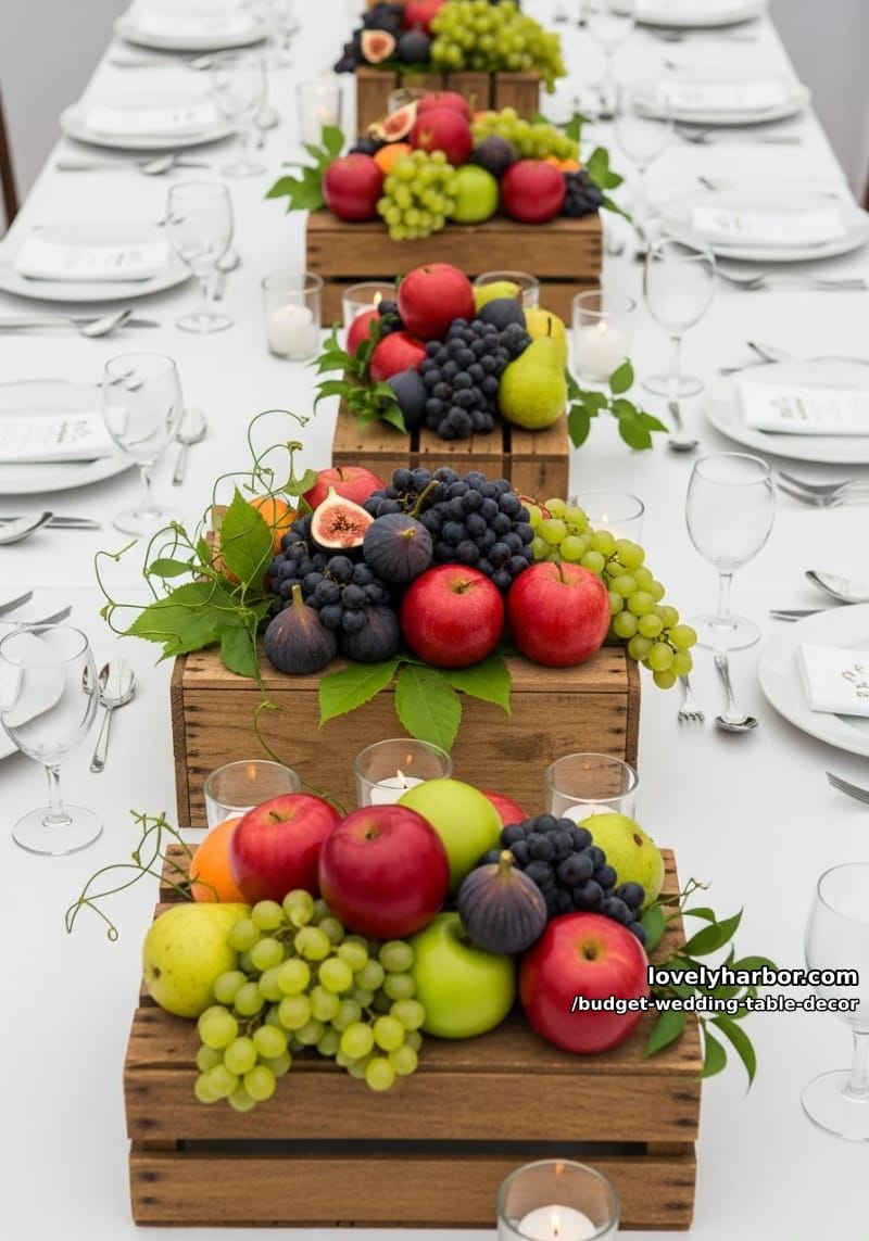 wooden crates turned upside-down as centerpiece stands with seasonal fruit displays 1