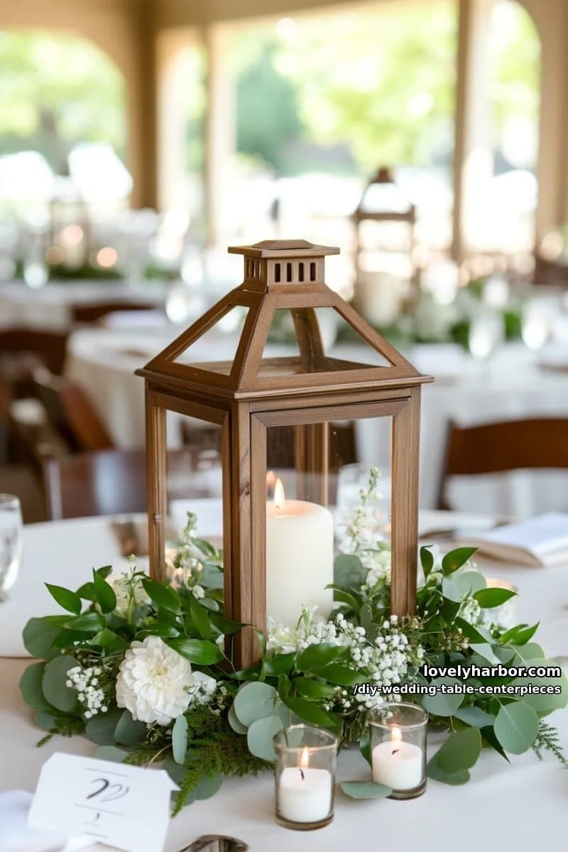 wooden lanterns surrounded by greenery rings and pillar candles 1