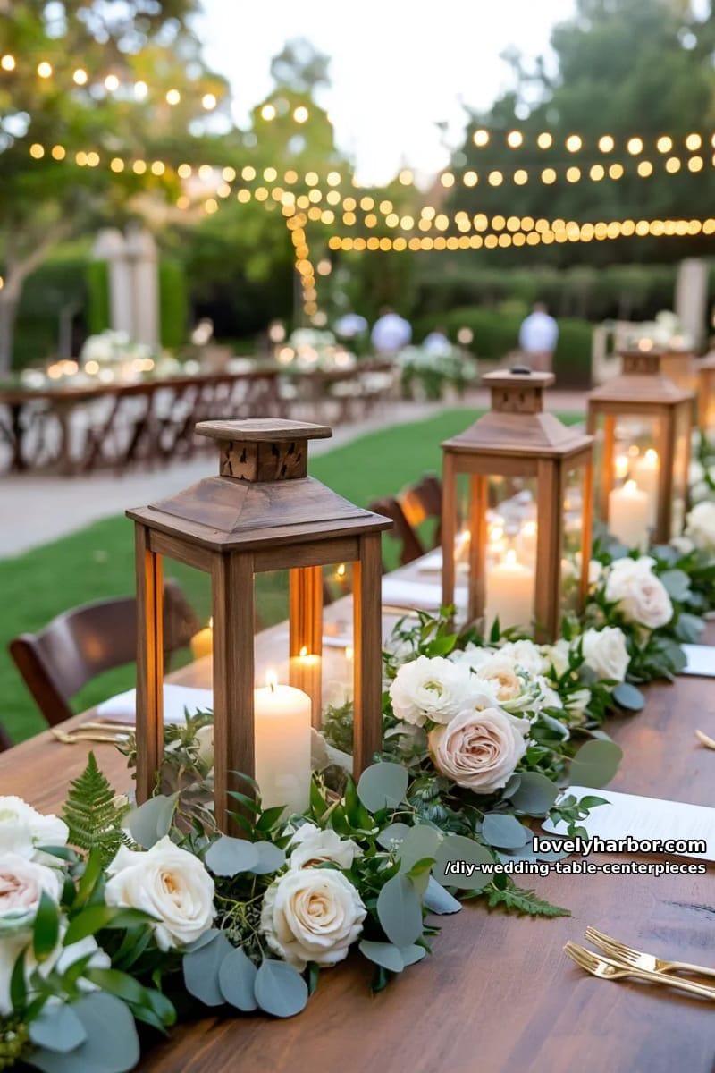 wooden lanterns surrounded by greenery rings and pillar candles 1