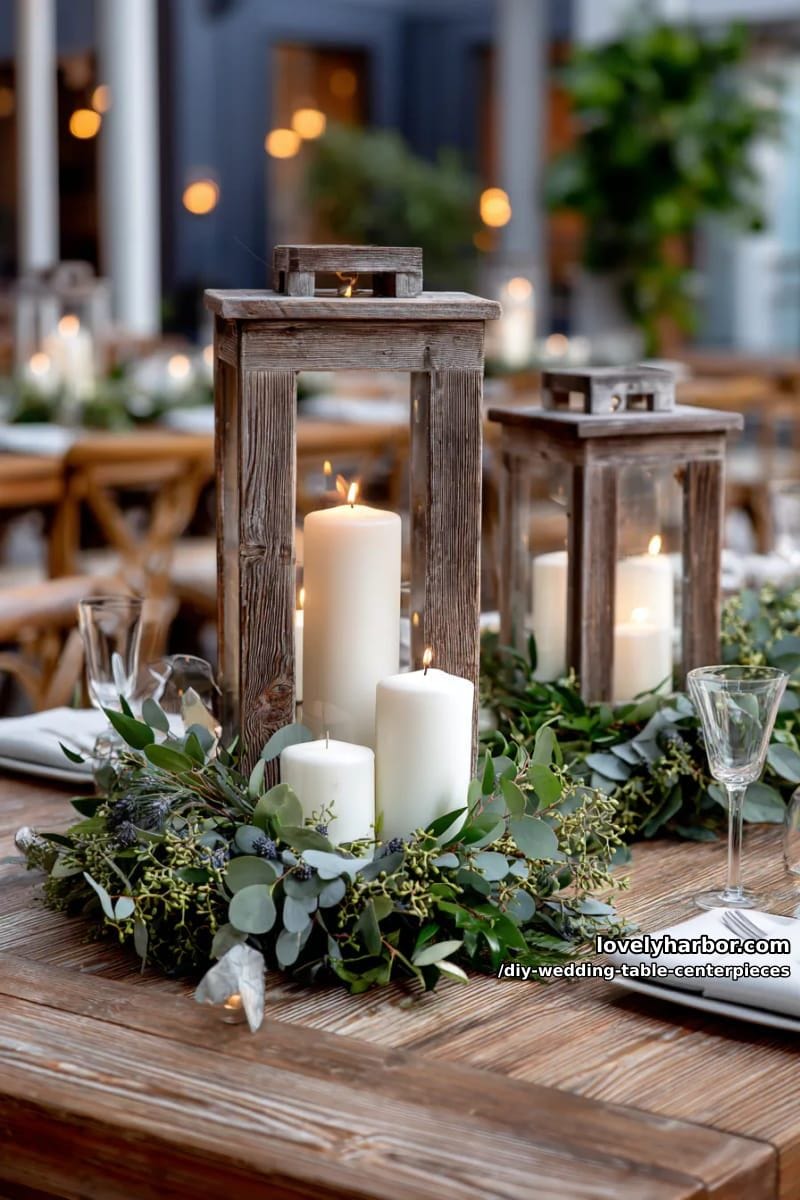 wooden lanterns surrounded by greenery rings and pillar candles 1