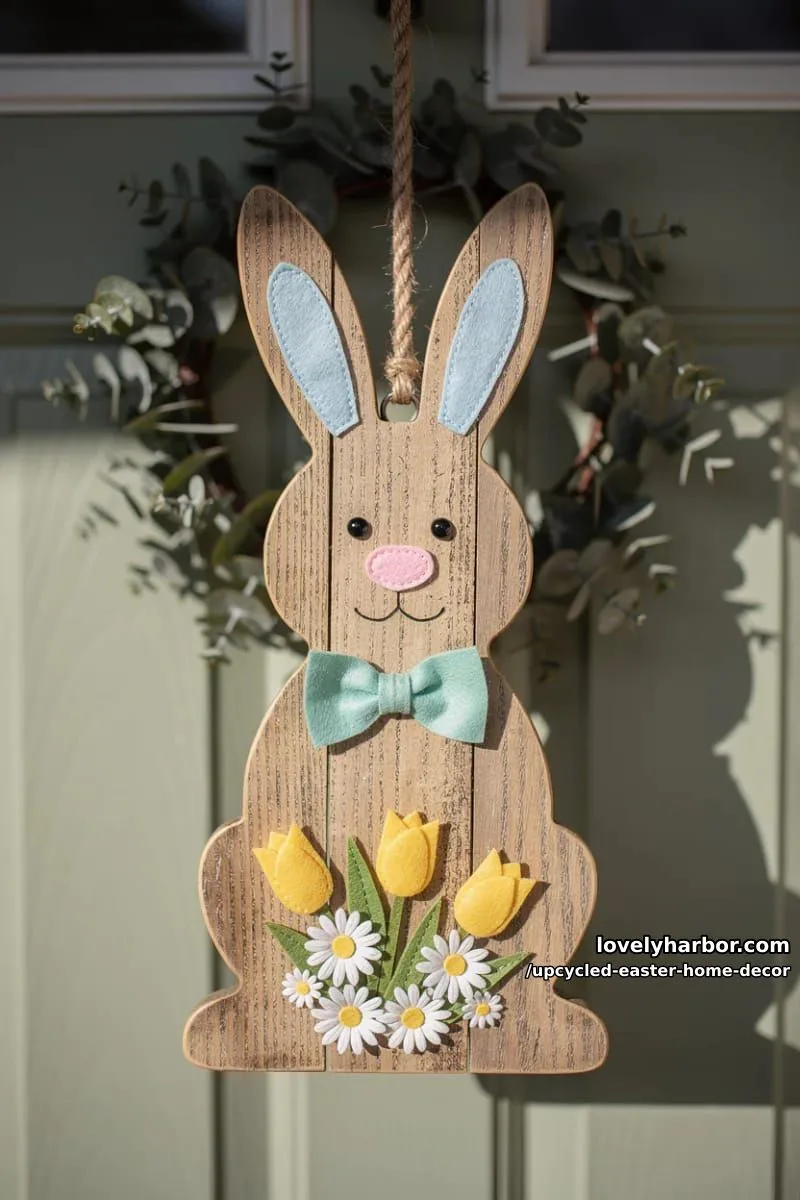 15 Upcycled Easter Home Decor That Give Old Treasures New Life 13 wooden pallet easter bunny door hanger with felt accents 1