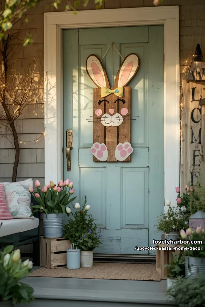 15 Upcycled Easter Home Decor That Give Old Treasures New Life 14 wooden pallet easter bunny door hanger with felt accents 1