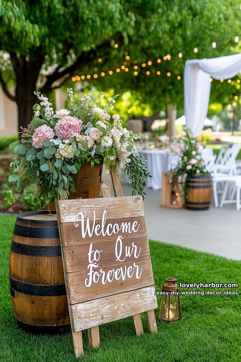 wooden pallet “welcome to our forever” entrance sign with hand-painted lettering 1