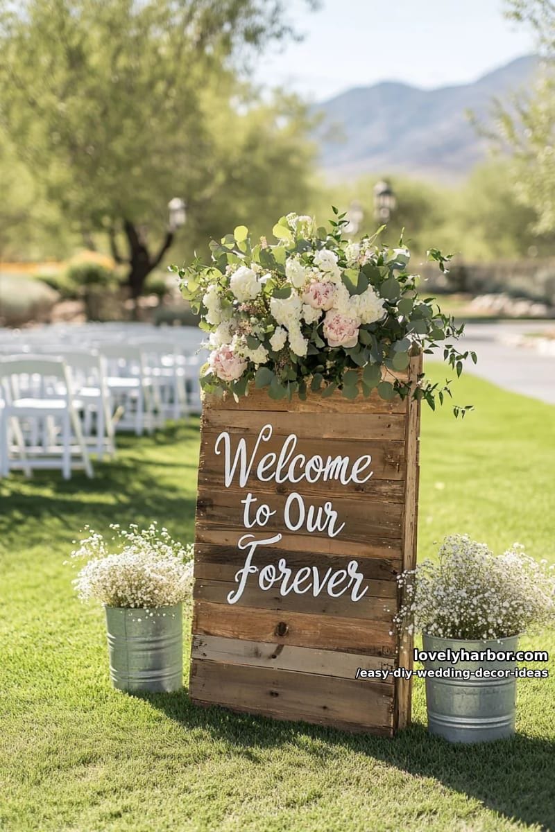 wooden pallet “welcome to our forever” entrance sign with hand-painted lettering 1