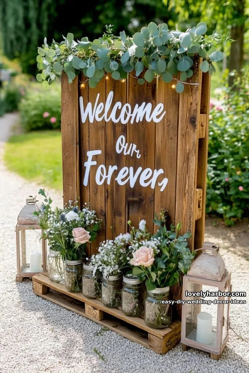 15 Easy DIY Wedding Decor Ideas for a Chic Wedding Set 18 wooden pallet “welcome to our forever” entrance sign with hand-painted lettering 1