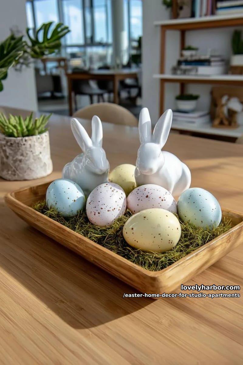 wooden tray with speckled eggs, faux grass, and ceramic bunnies 1