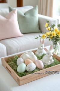 wooden tray with speckled eggs, faux grass, and ceramic bunnies 8