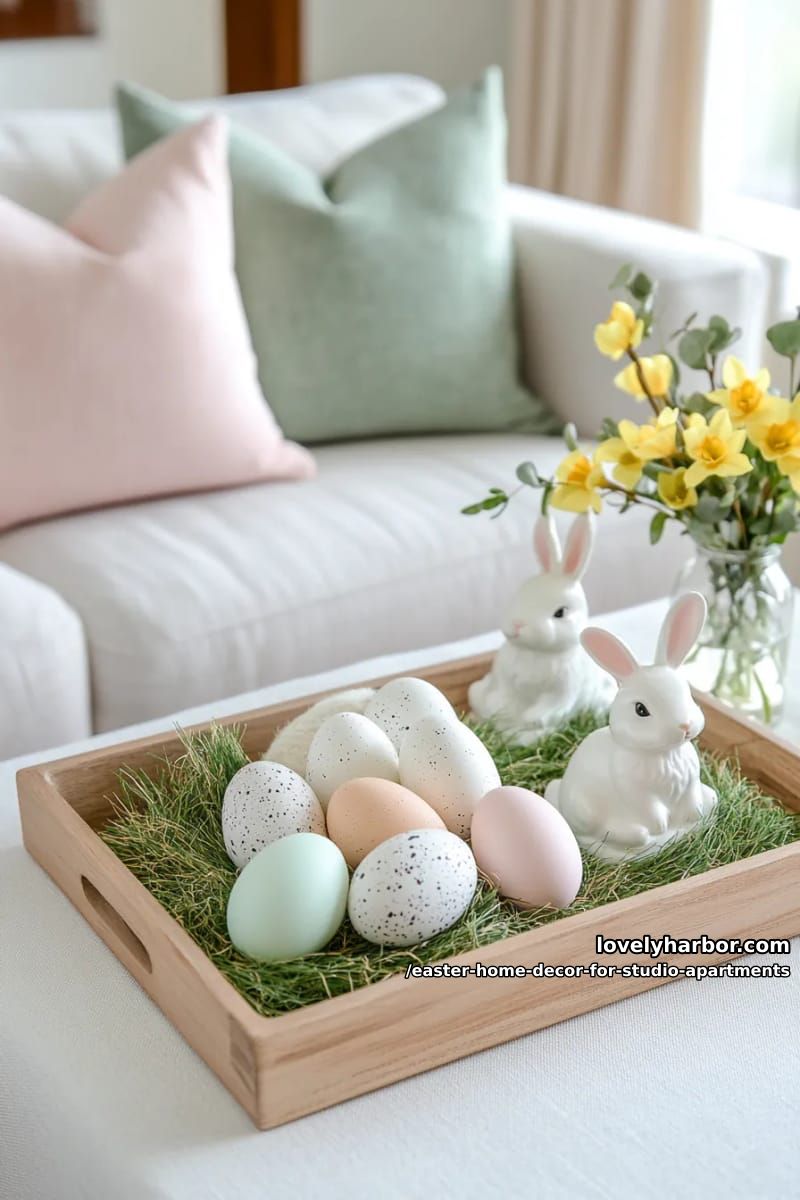 wooden tray with speckled eggs, faux grass, and ceramic bunnies 1
