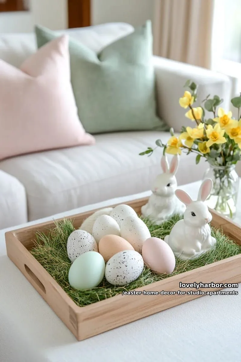 wooden tray with speckled eggs, faux grass, and ceramic bunnies 1