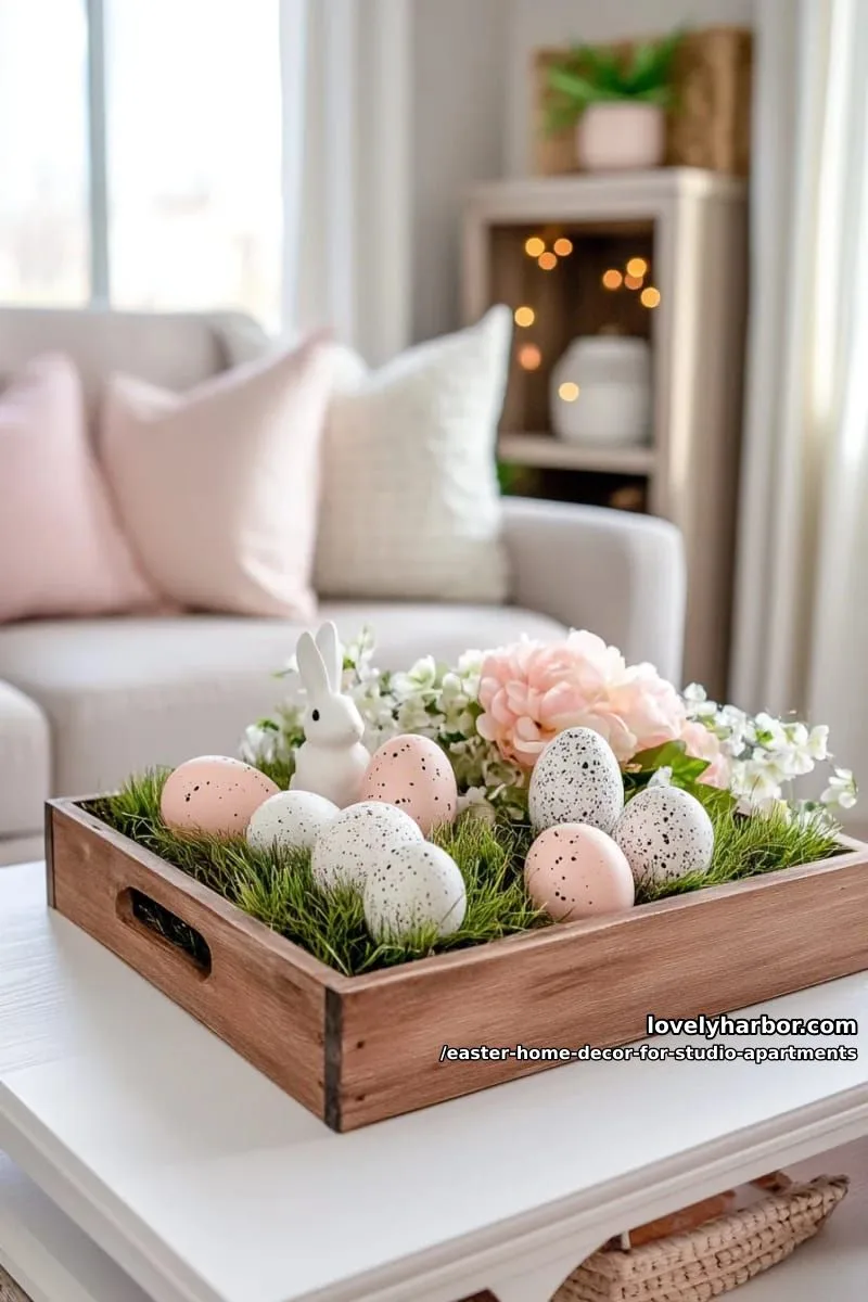 wooden tray with speckled eggs, faux grass, and ceramic bunnies 1