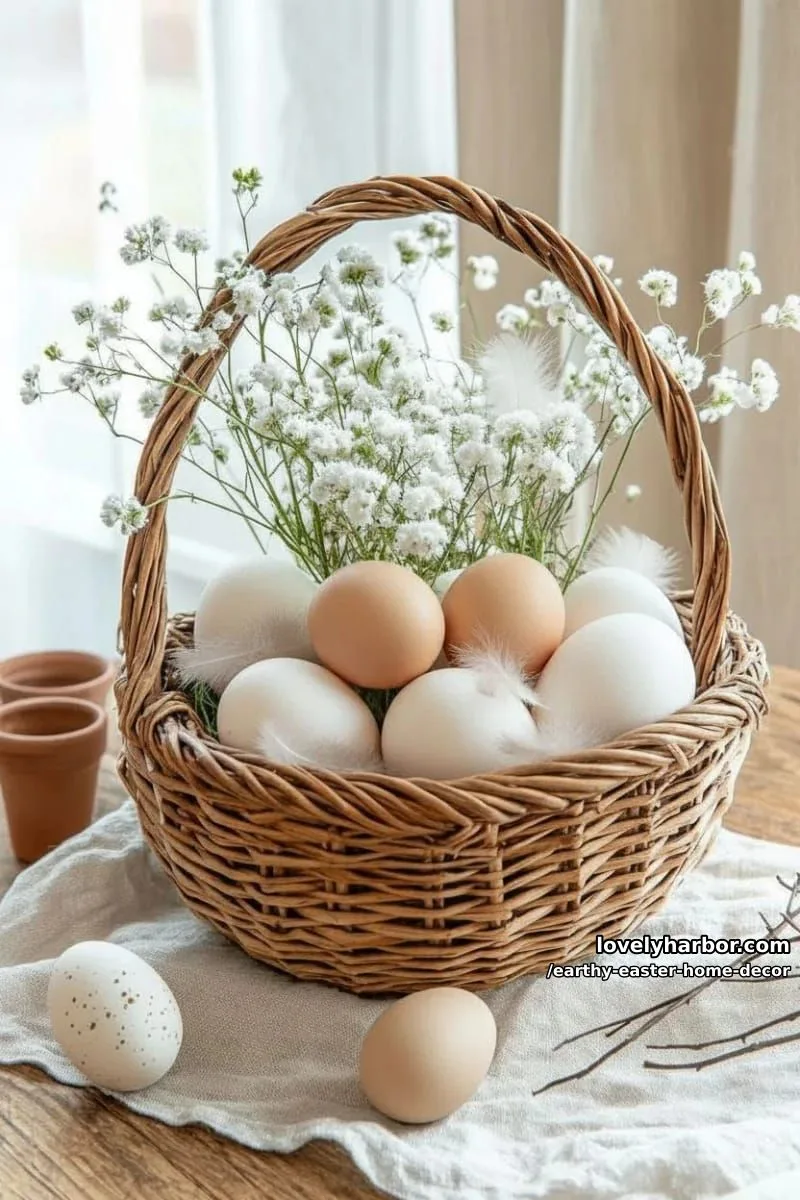15 Earthy Easter Home Decor For A Nature-Friendly Seasonal Touch 11 woven basket overflowing with baby’s breath, feathers, and neutral eggs 1
