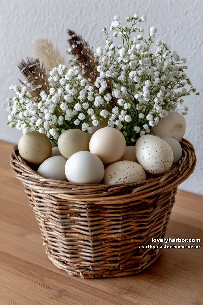 15 Earthy Easter Home Decor For A Nature-Friendly Seasonal Touch 12 woven basket overflowing with baby’s breath, feathers, and neutral eggs 1