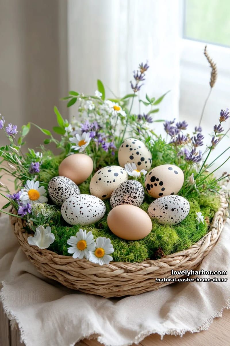 woven basket overflowing with real moss, quail eggs, and wildflowers 1