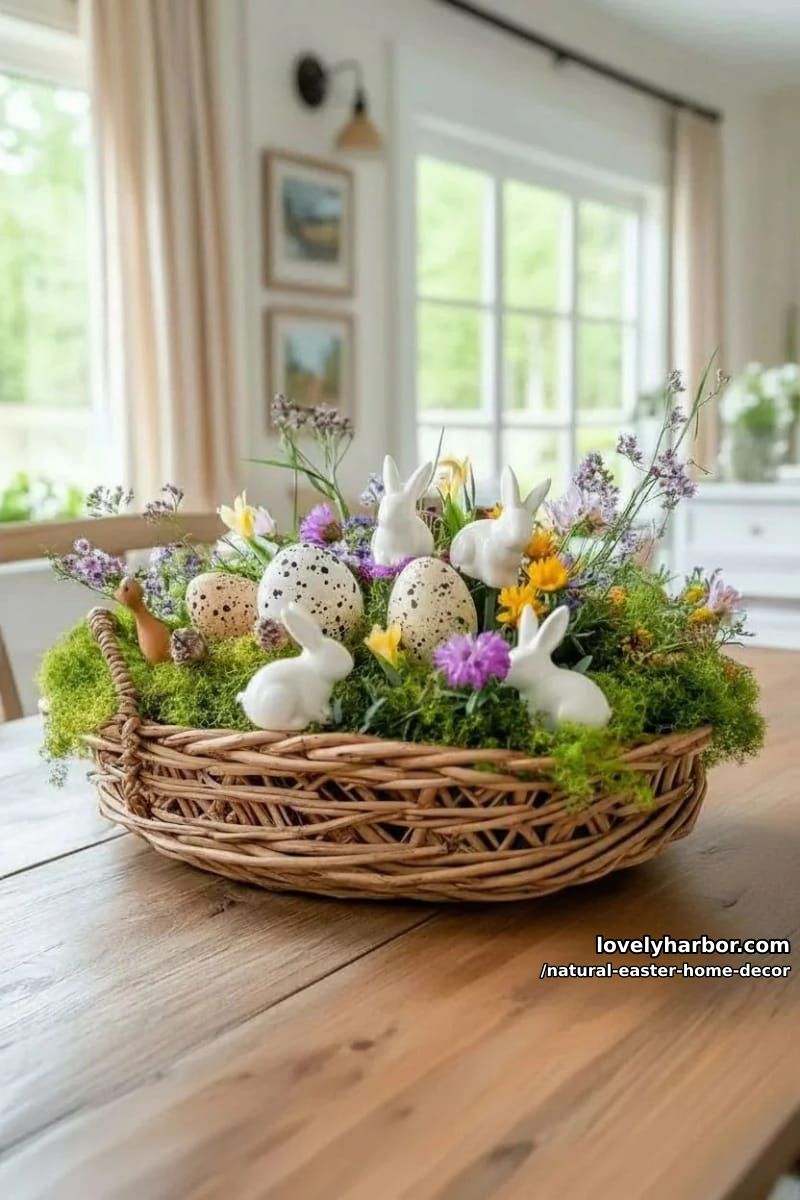 woven basket overflowing with real moss, quail eggs, and wildflowers 1
