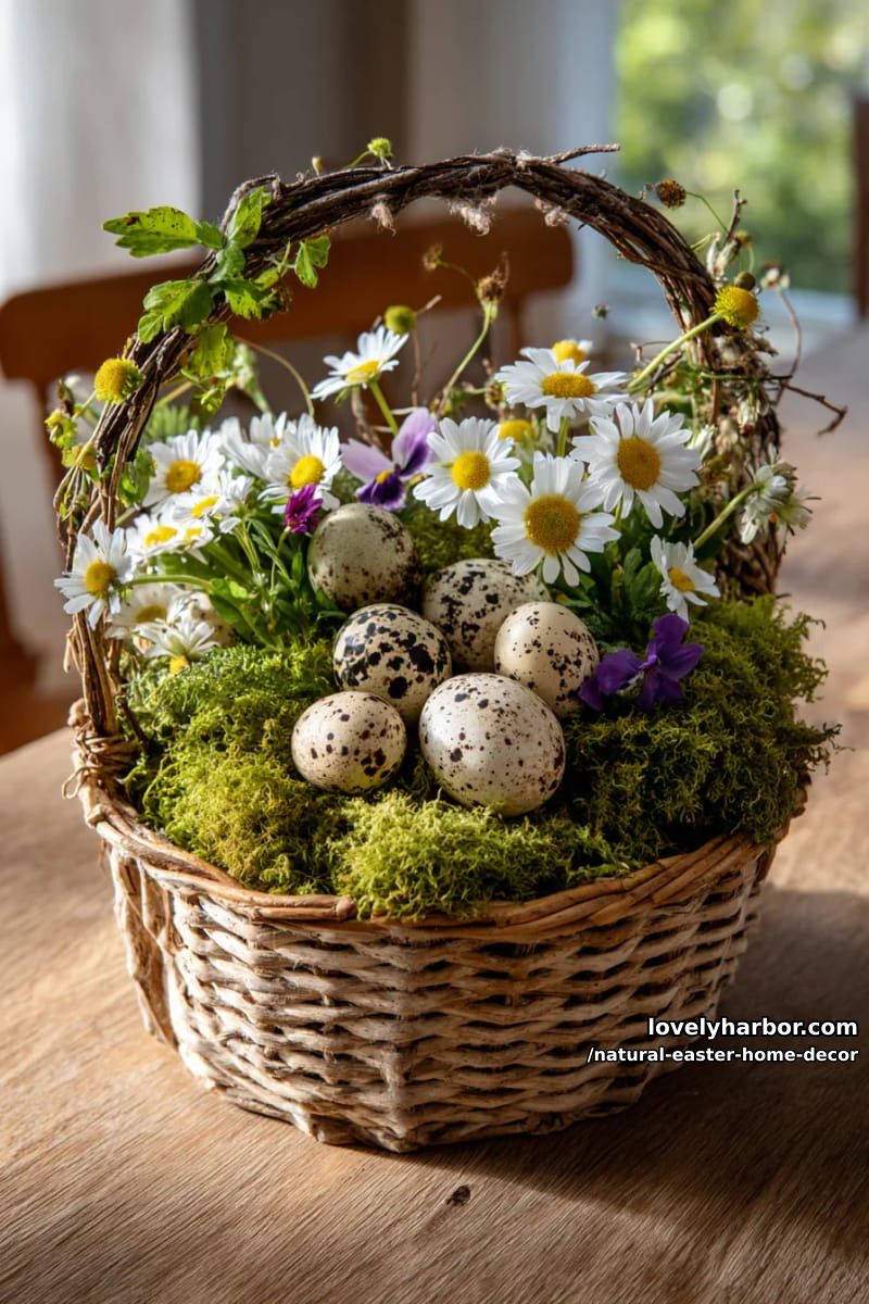 woven basket overflowing with real moss, quail eggs, and wildflowers 1