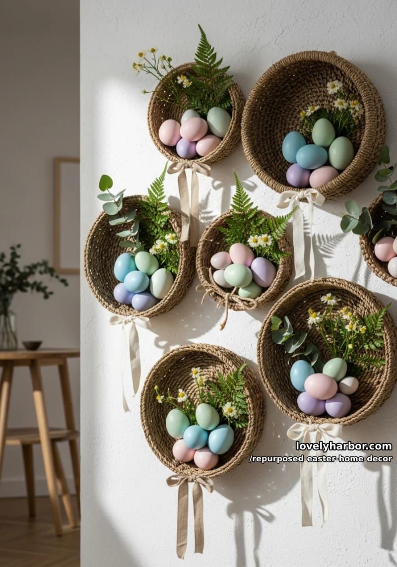 woven basket wall art with painted wooden eggs and greenery 1
