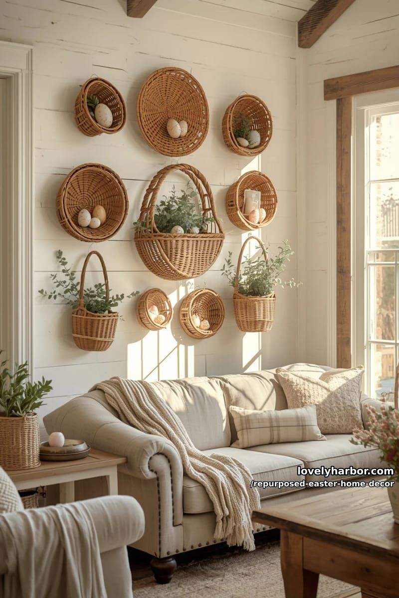 woven basket wall art with painted wooden eggs and greenery 1
