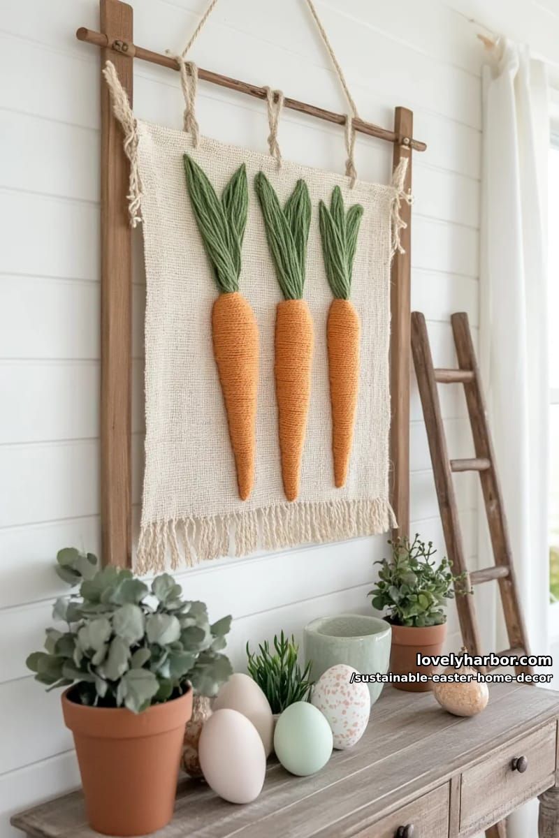 woven carrot wall hanging using jute and scrap orange fabric 1