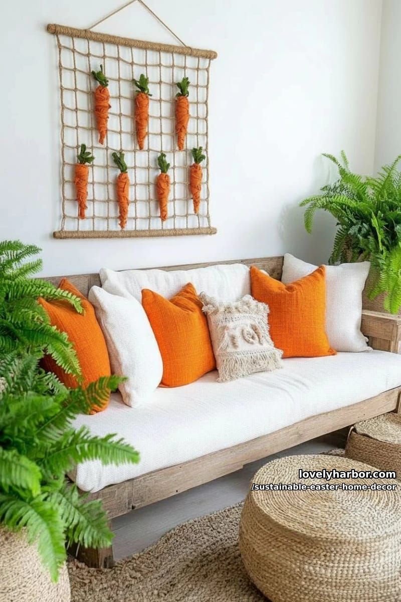 woven carrot wall hanging using jute and scrap orange fabric 1